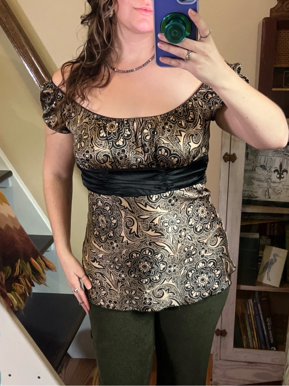 Vintage Y2K Off shoulder Babydoll Top Gold Floral Milkmaid mcBling Boho Fairy